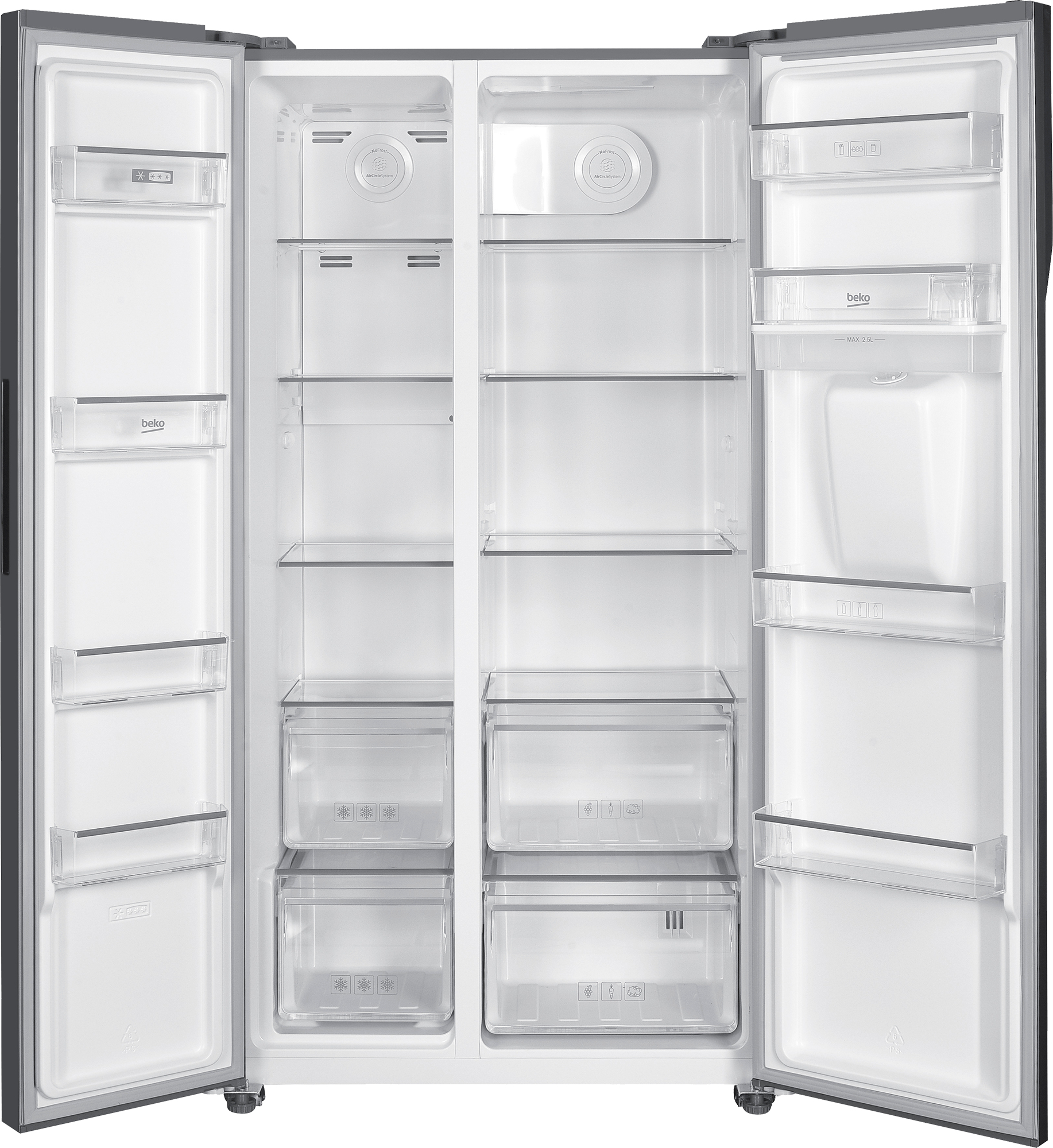 A double-door refrigerator with open doors. It has shelves, drawers, and various compartments. The interior is white, and the exterior is gray.