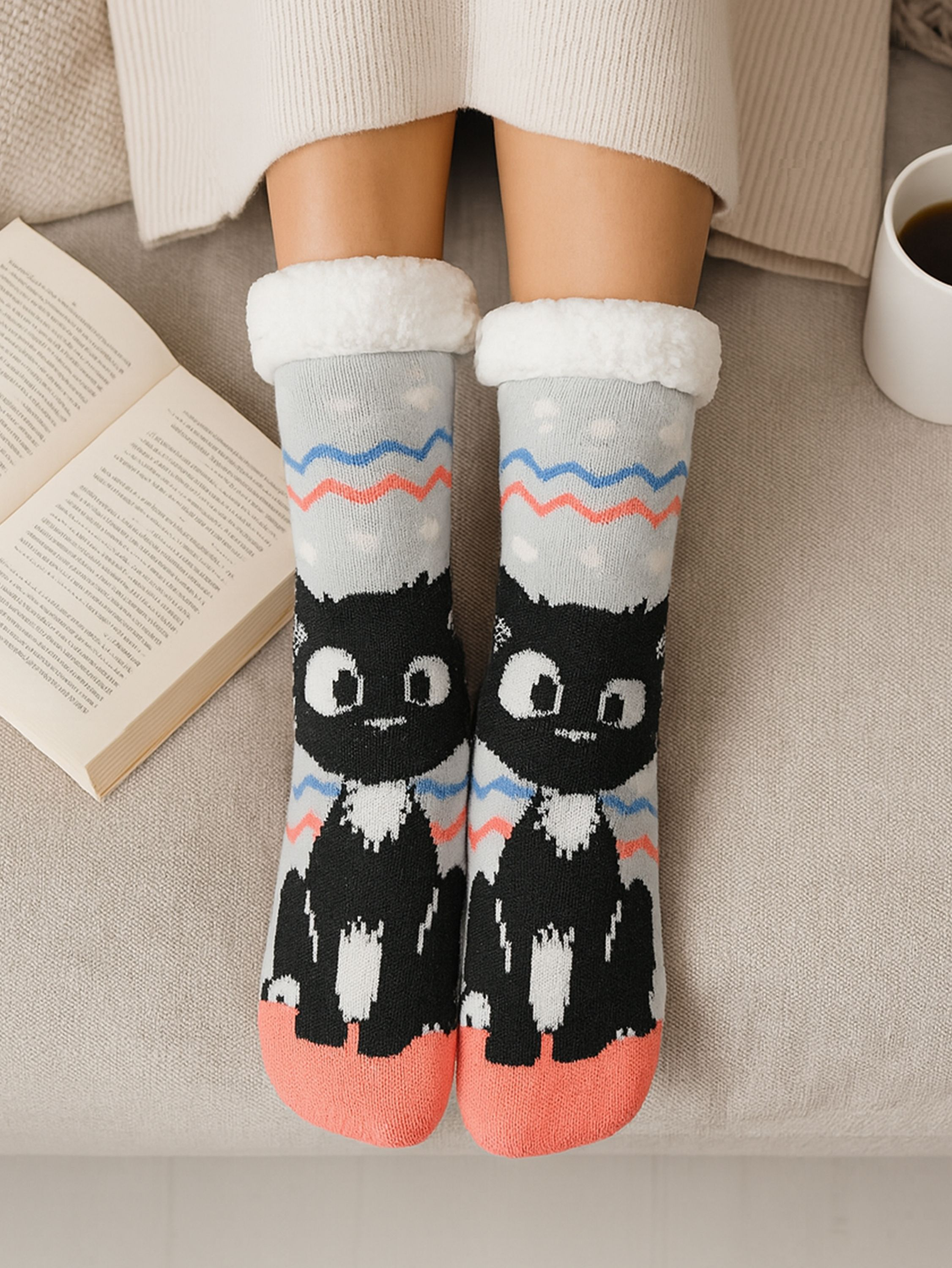 Person trägt Katzensocken mit Buch und Kaffee. Die Socken sind grau mit schwarzen Katzen und rosa Zehen.