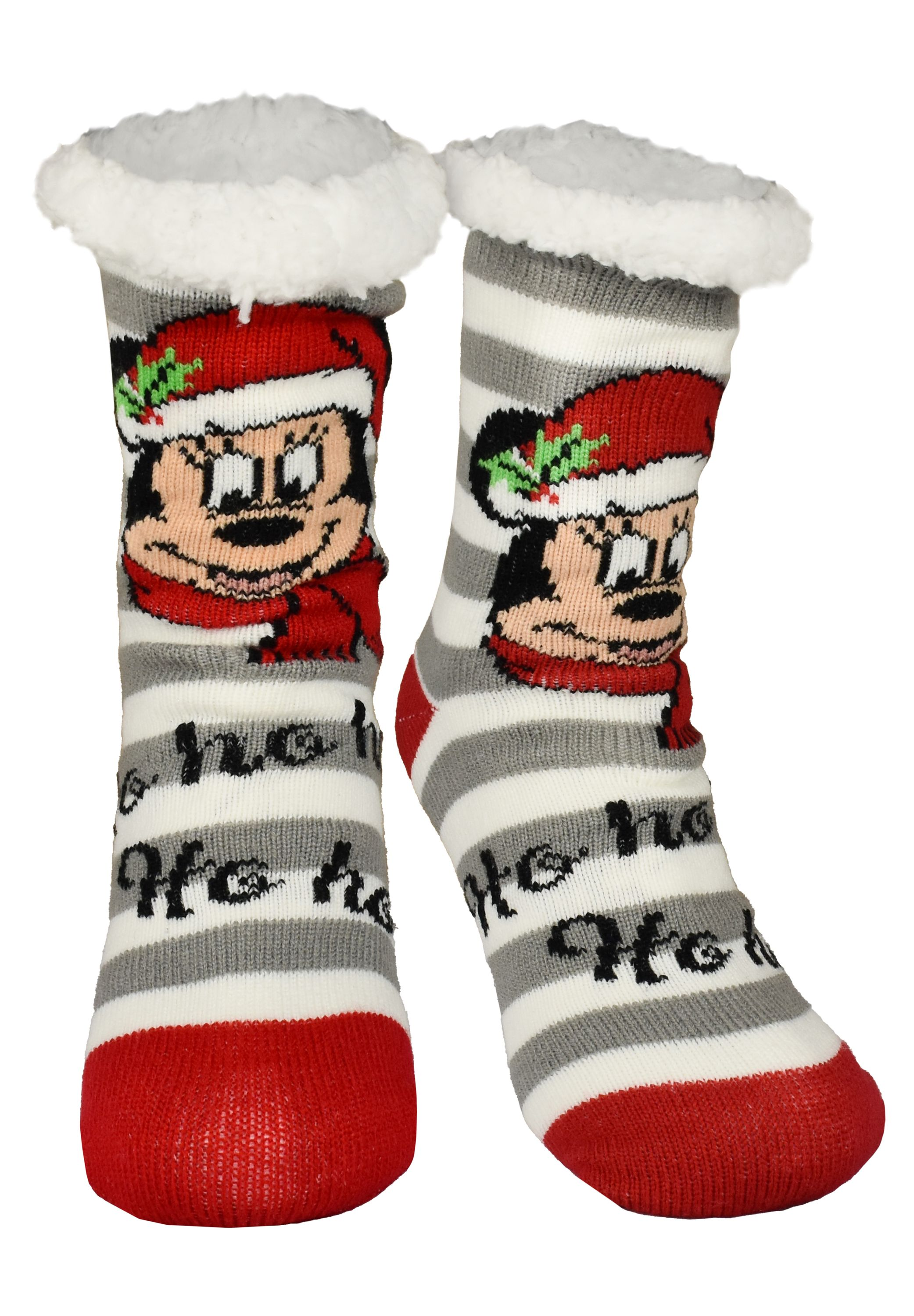 Paar Weihnachtssocken mit Mickey Mouse mit Weihnachtsmütze. Socken haben grau, weiß und rot gestreift.