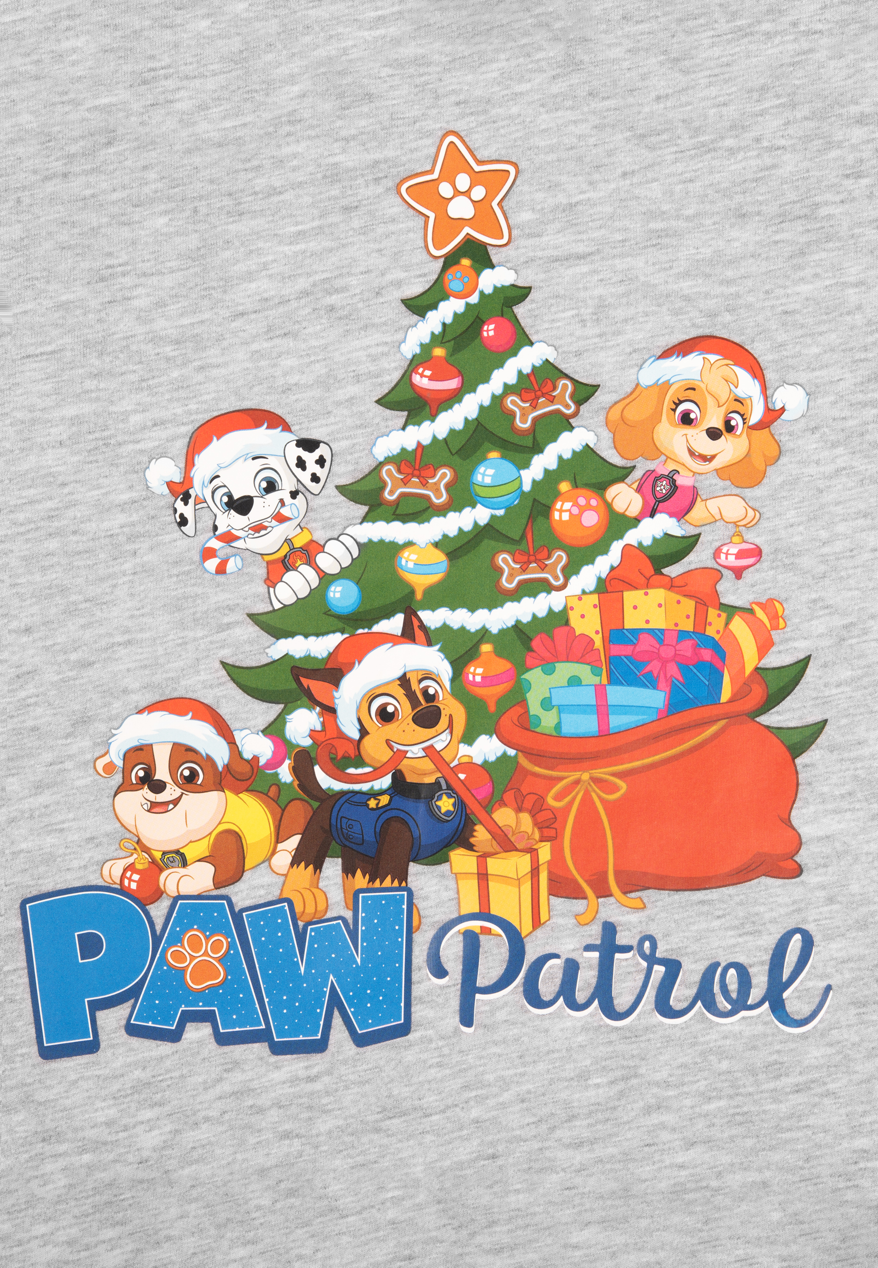 Paw Patrol Weihnachtsdesign mit Welpen, Baum, Geschenken und einem Stern auf grauem Hintergrund.