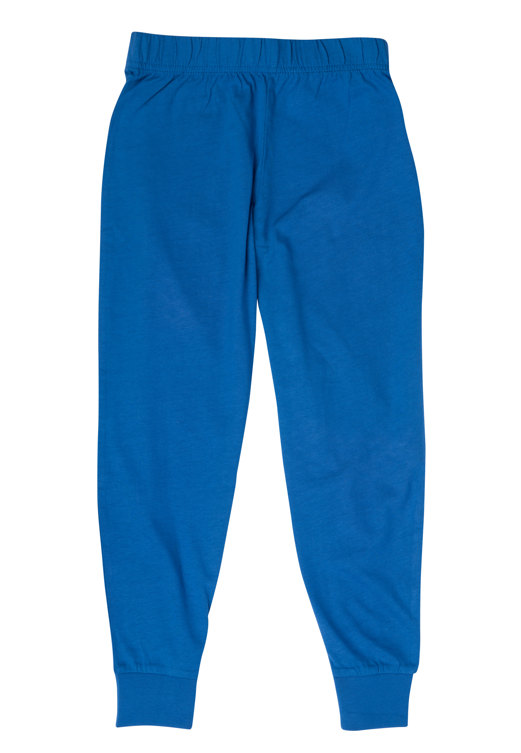 Blaue Jogginghose auf weißem Hintergrund. Die Hose hat einen elastischen Bund und Bündchen an den Knöcheln.