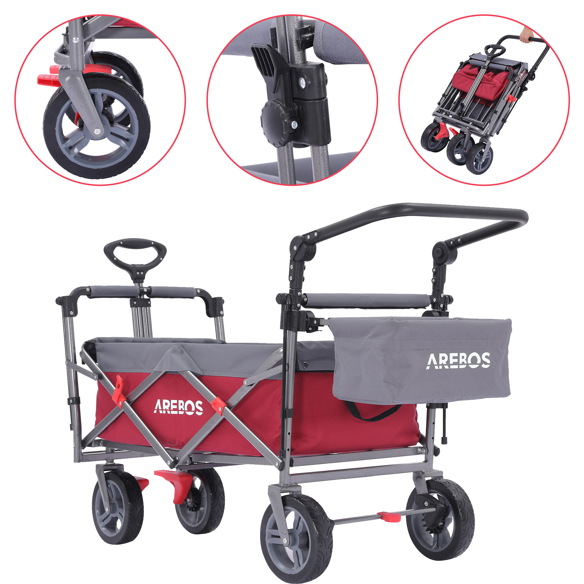 Ein zusammenklappbarer Wagen, grauer Rahmen, rotes Innere, grauer Stoff, schwarzer Griff und Räder. Das Arebos-Logo befindet sich an der Seite.