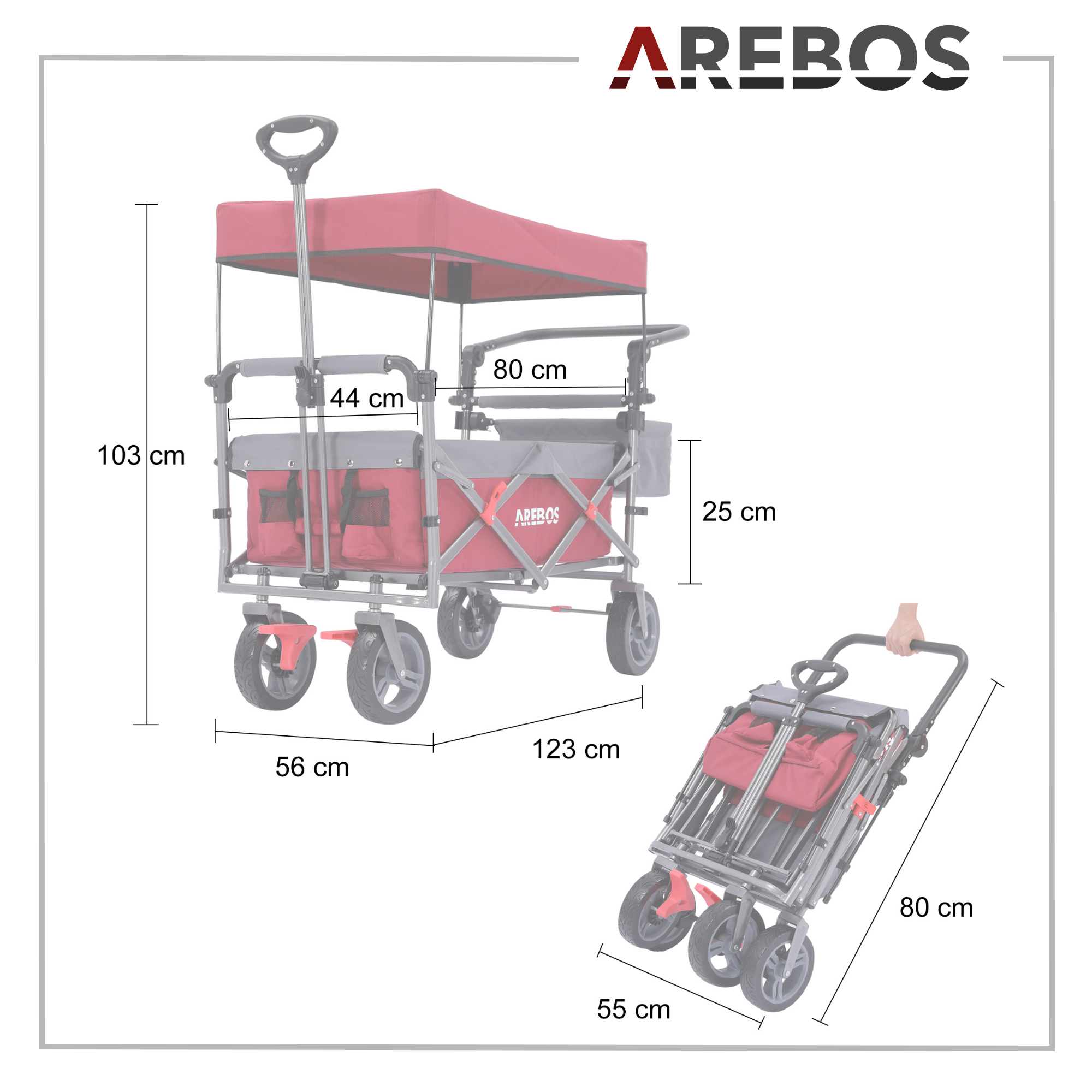 Ein roter und grauer AREBOS-Klappwagen mit Abmessungen. Sowohl montiert als auch zusammengeklappt gezeigt.