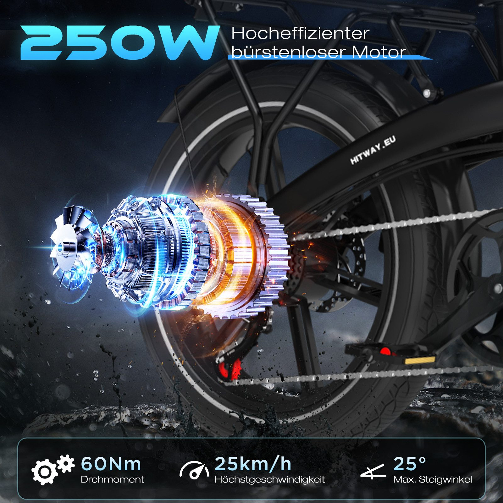 Ein E-Bike-Motor zeigt Spezifikationen: 250 W, 60 Nm Drehmoment, 25 km/h Geschwindigkeit und 25° max. Steigungswinkel. Das Fahrrad ist schwarz.