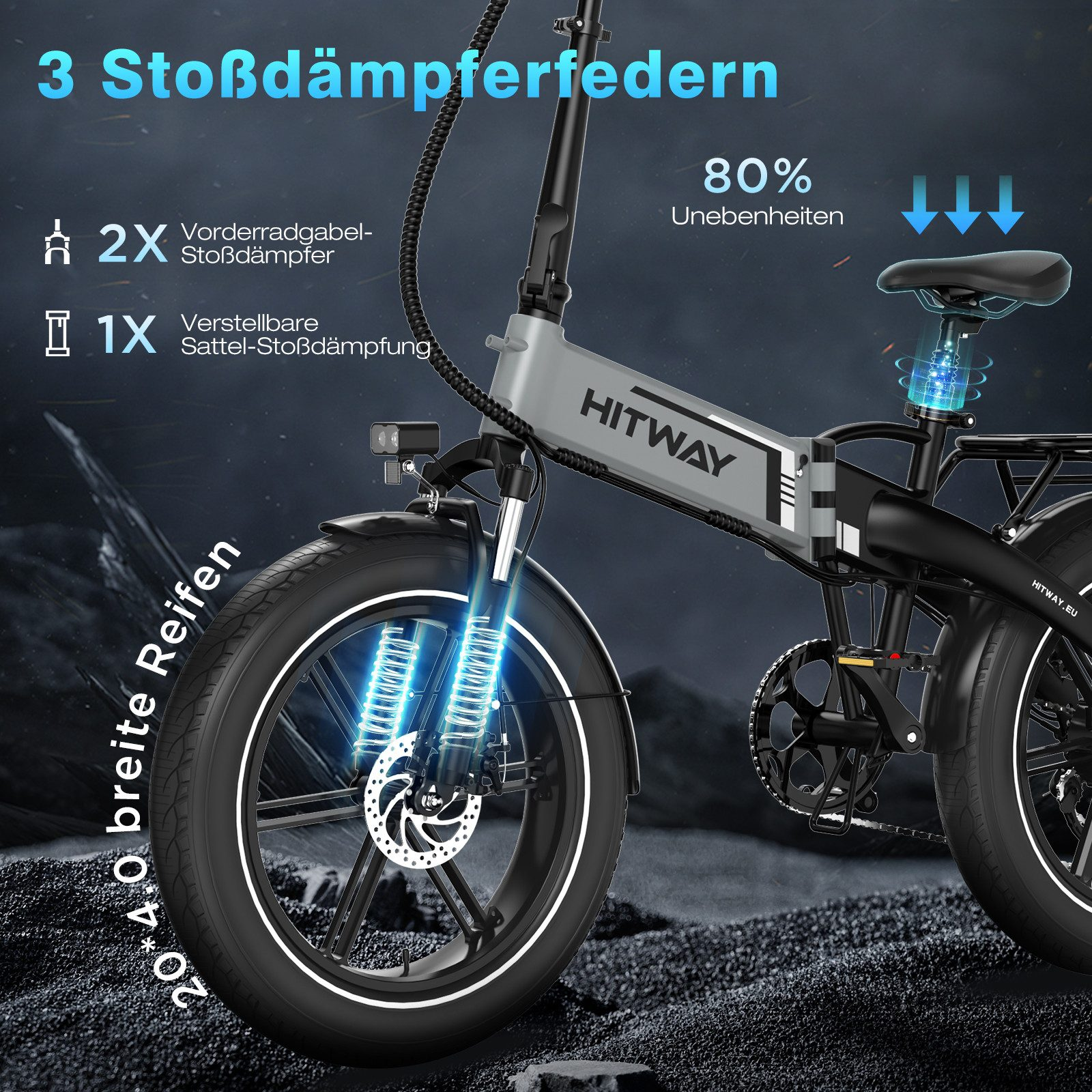 E-Bike mit Federung, schwarzen Reifen und silbernem Rahmen. Text zeigt 3 Stoßdämpfer und 80 % Unebenheiten.