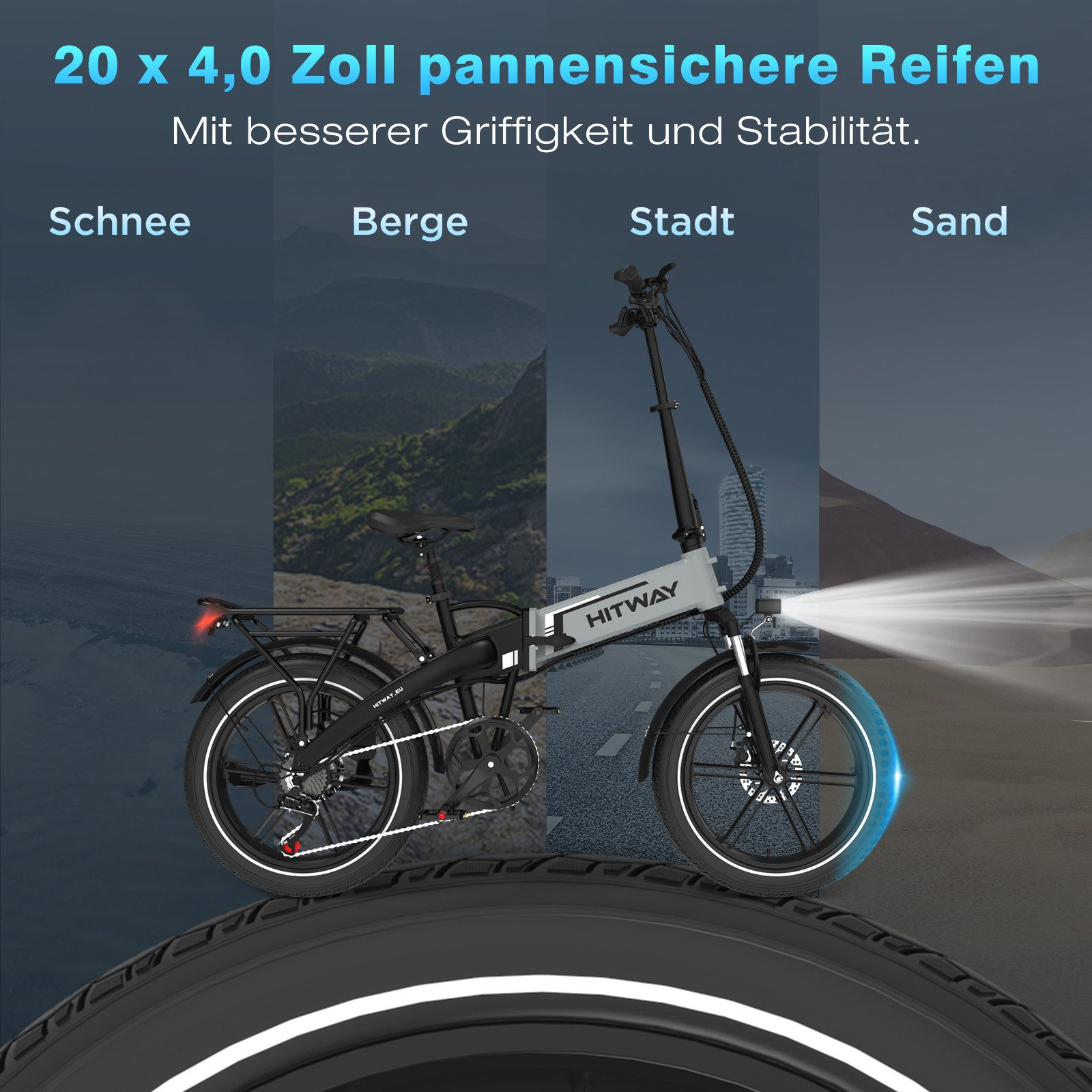 Ein schwarzes und graues Hitway E-Bike. Der Hintergrund zeigt Schnee, Berge, Stadt und Sand.