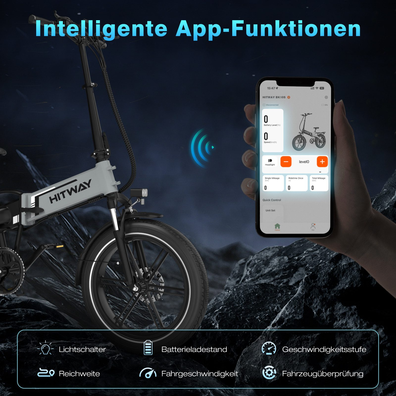 Ein E-Bike mit einem Smartphone, das App-Funktionen anzeigt. Das Fahrrad ist weiß und schwarz. Eine Hand hält das Telefon mit Geschwindigkeit und Batterie.