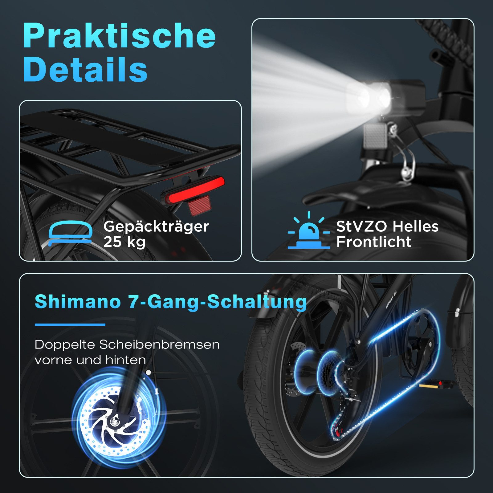 Bild zeigt Fahrraddetails: Gepäckträger, Lichter, Shimano-Gänge und Scheibenbremsen. Text auf Deutsch.
