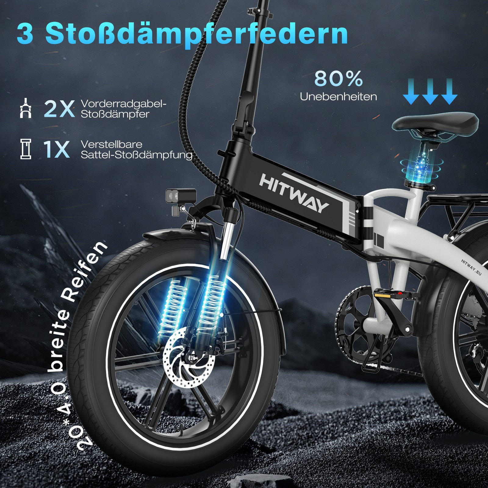 Ein E-Bike mit Vorderradaufhängung, 3 Stoßdämpfern und breiten Reifen. Die Marke ist HITWAY. Informationen werden auf dunklem Hintergrund angezeigt.