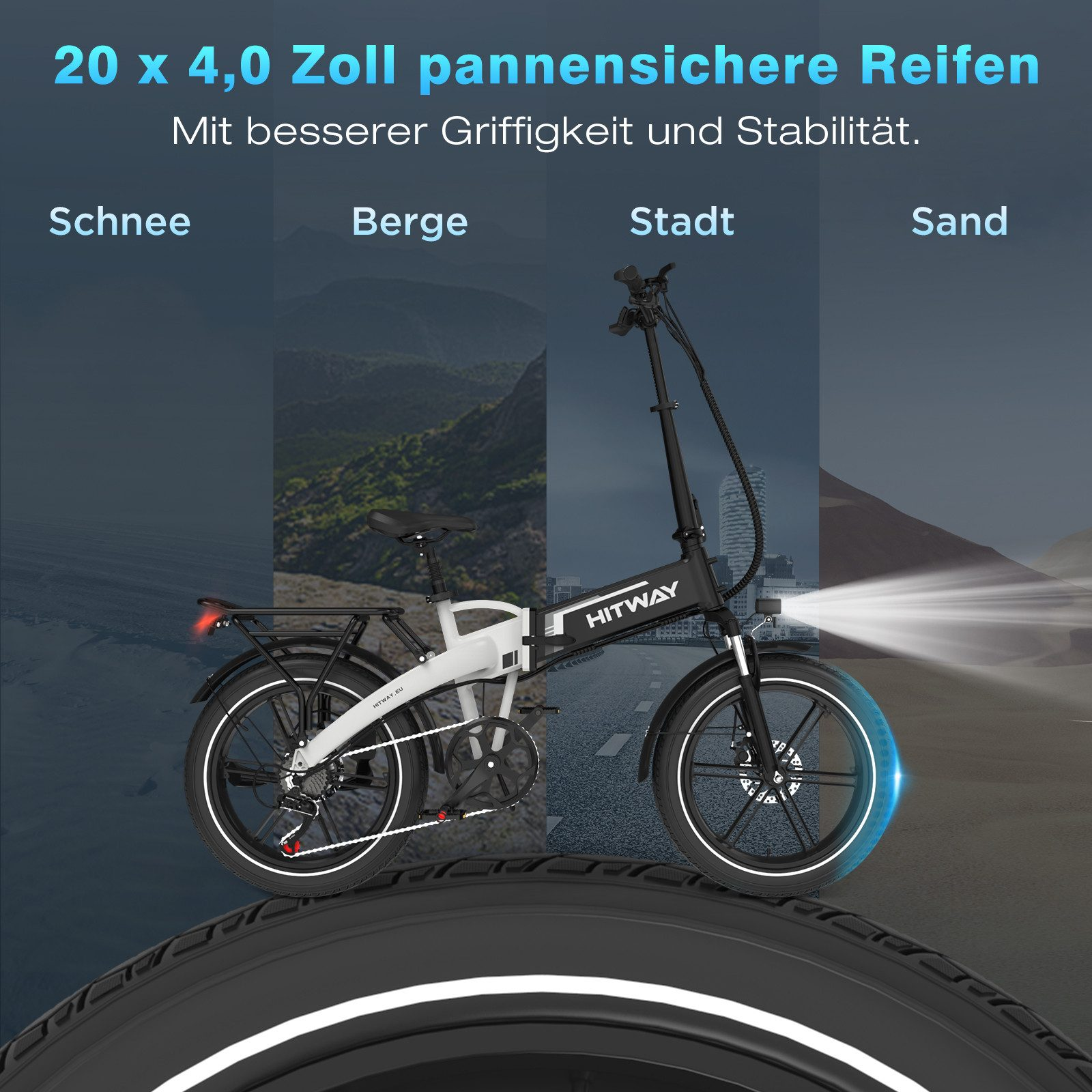 Ein Elektrofahrrad mit schwarz-weißem Rahmen auf einer Straße mit Bergblick.
