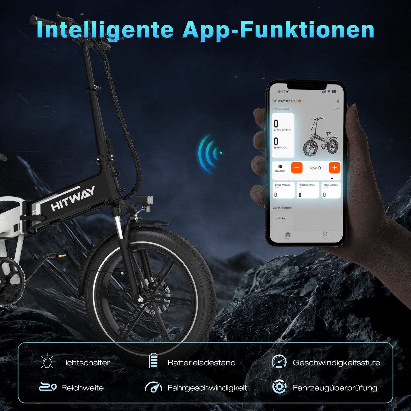 Ein E-Bike mit App-Funktionen, die auf einem Telefon angezeigt werden. Das Telefon zeigt Akkustand, Geschwindigkeit und andere Bedienelemente.