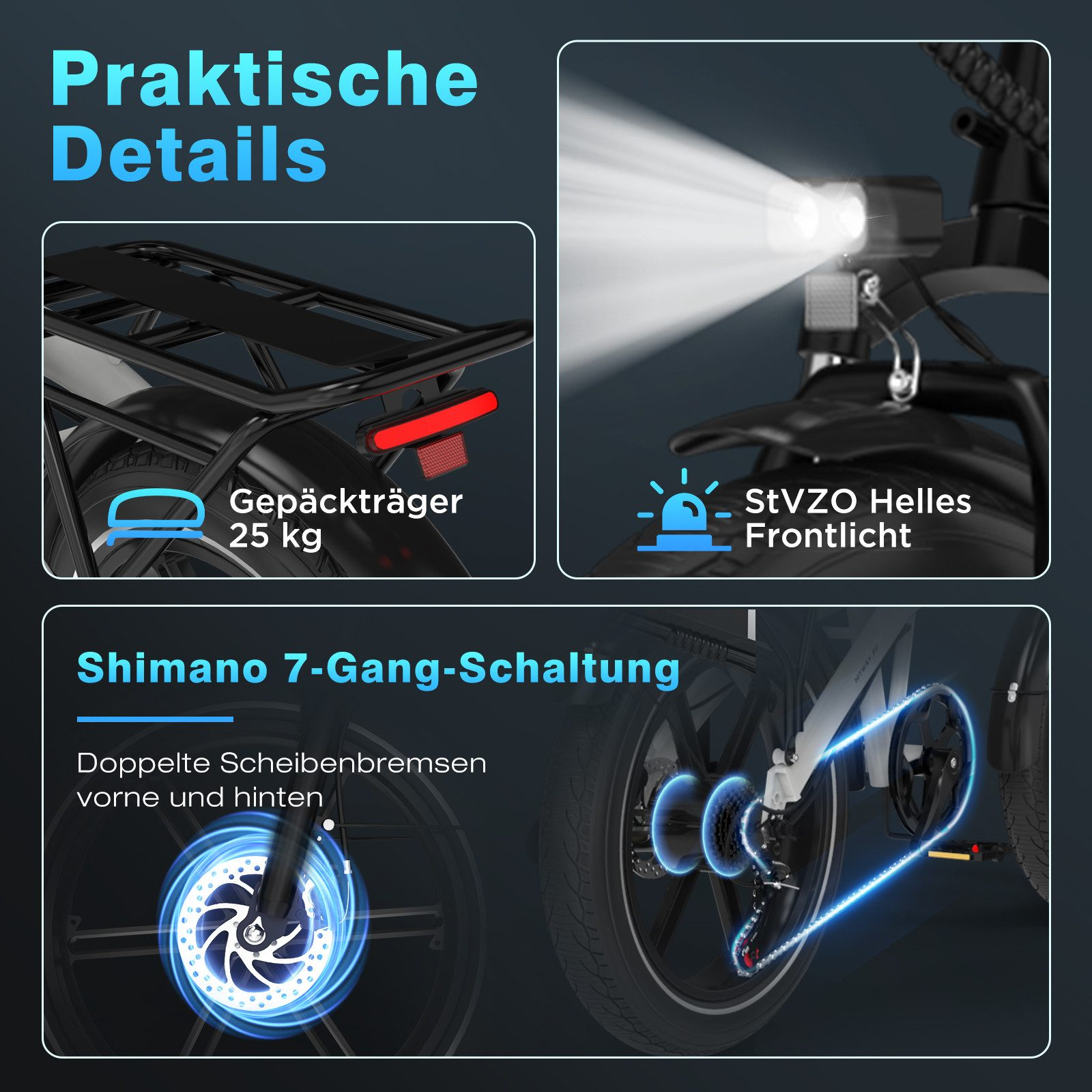 Ein E-Bike mit Gepäckträger, Shimano 7-Gang-Schaltung, doppelten Scheibenbremsen und StVZO-Frontlicht, wichtige Merkmale.