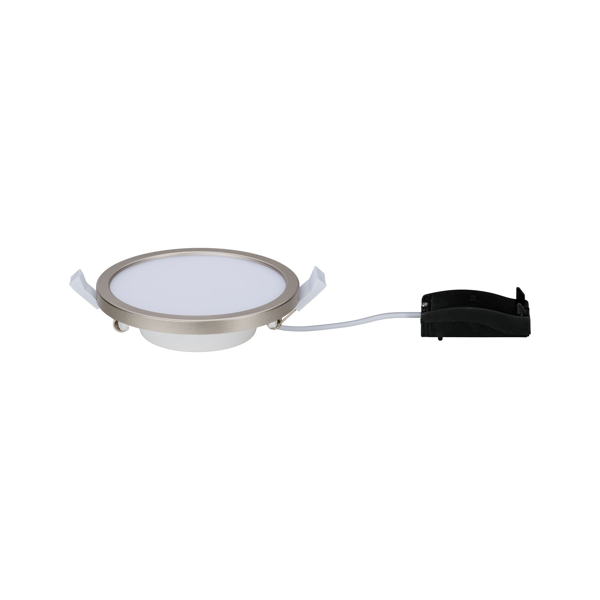 Un apparecchio di illuminazione a LED circolare da incasso con finiture argentate. Ha una luce bianca e un connettore nero.