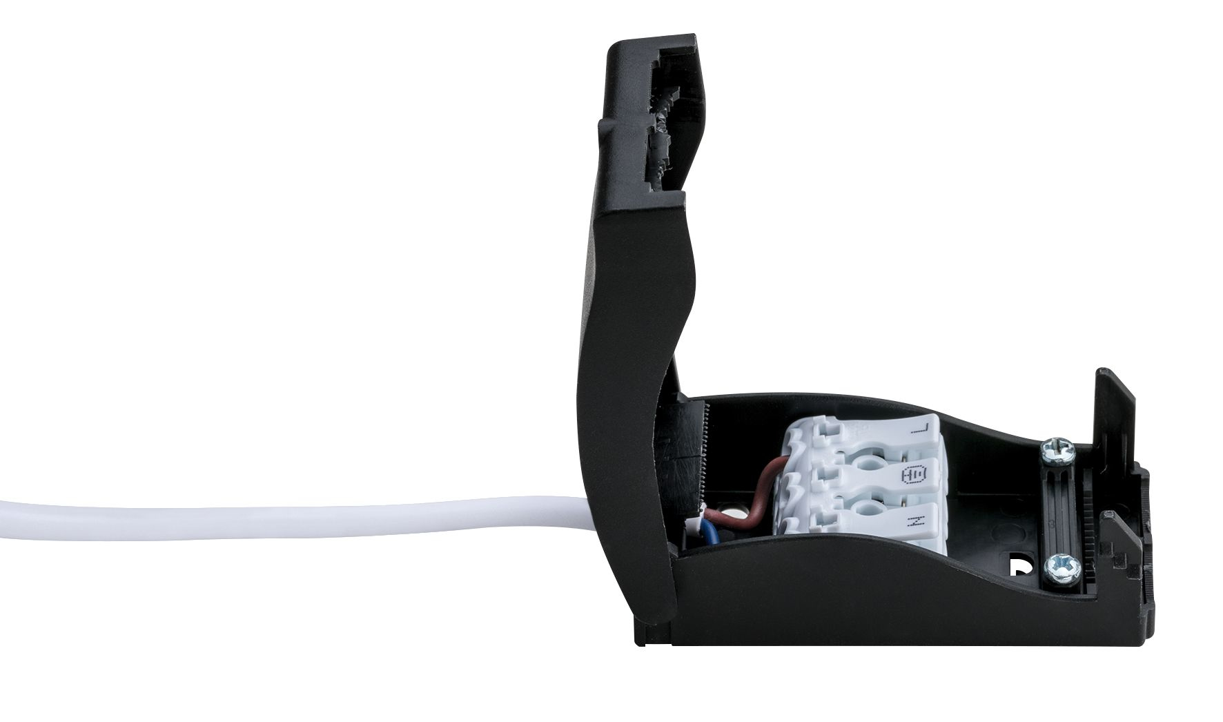 Una scatola di giunzione elettrica nera con un cavo bianco. All'interno un connettore bianco con fili. Lo sfondo è bianco.