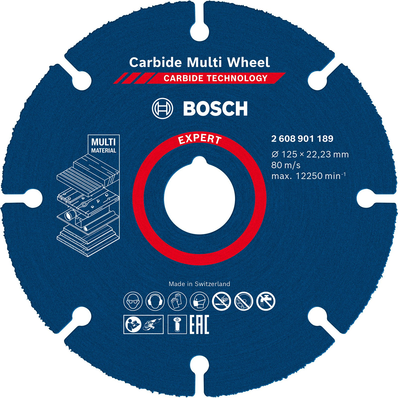 Blaue Kreissägeblatt mit weißem Text und roten Akzenten. Bosch-Logo, Produktinfo und Multi-Material-Diagramm sind sichtbar.