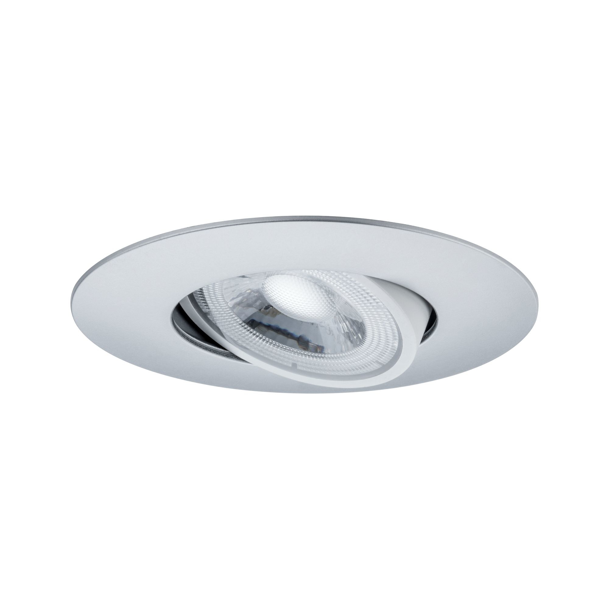 Eine Einbau-Deckenleuchte. Sie hat eine kreisförmige, silberfarbene Blende und eine schwenkbare innere Lichtkomponente.