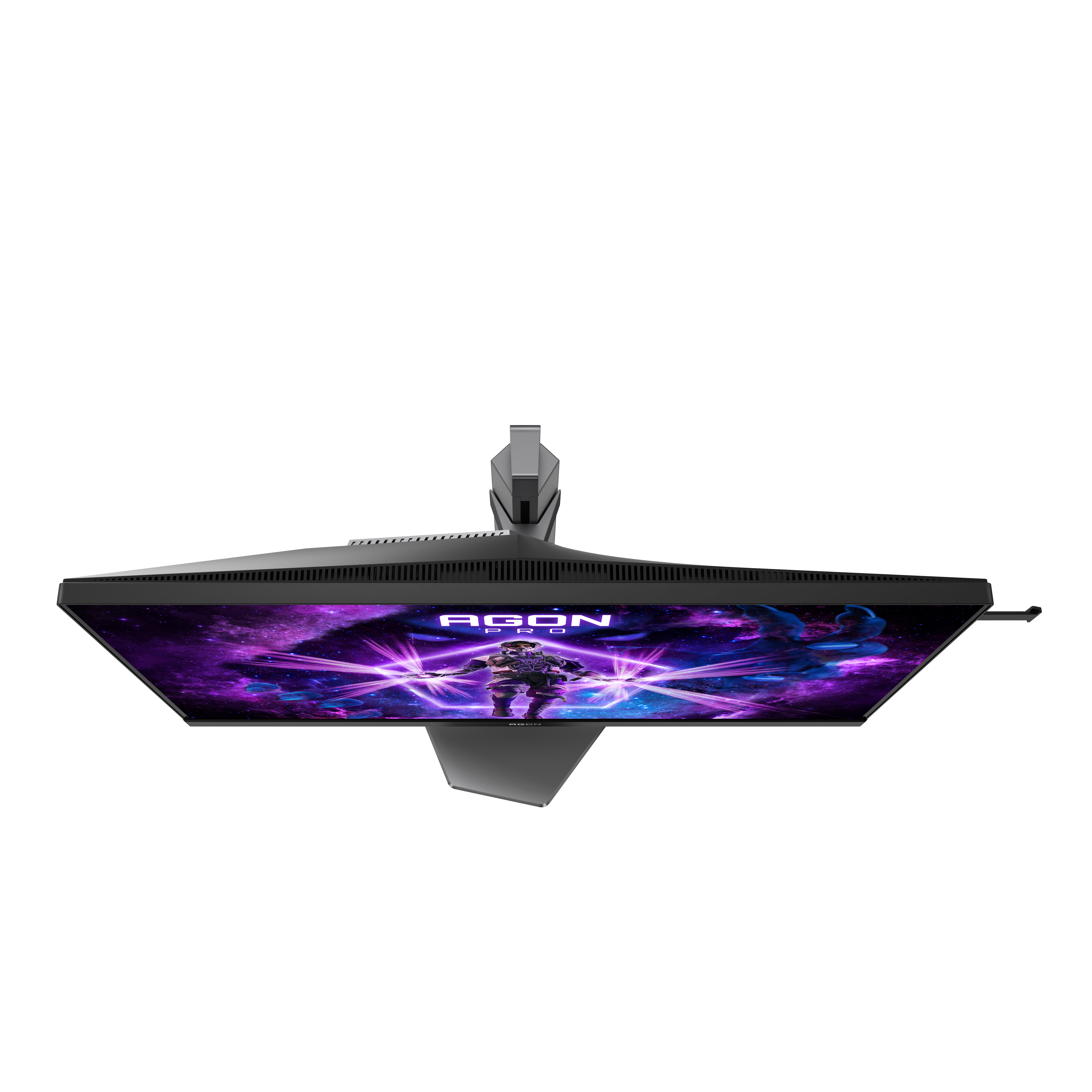 Toma cenital de un monitor de computadora negro que muestra una escena espacial. El monitor está sobre fondo blanco.