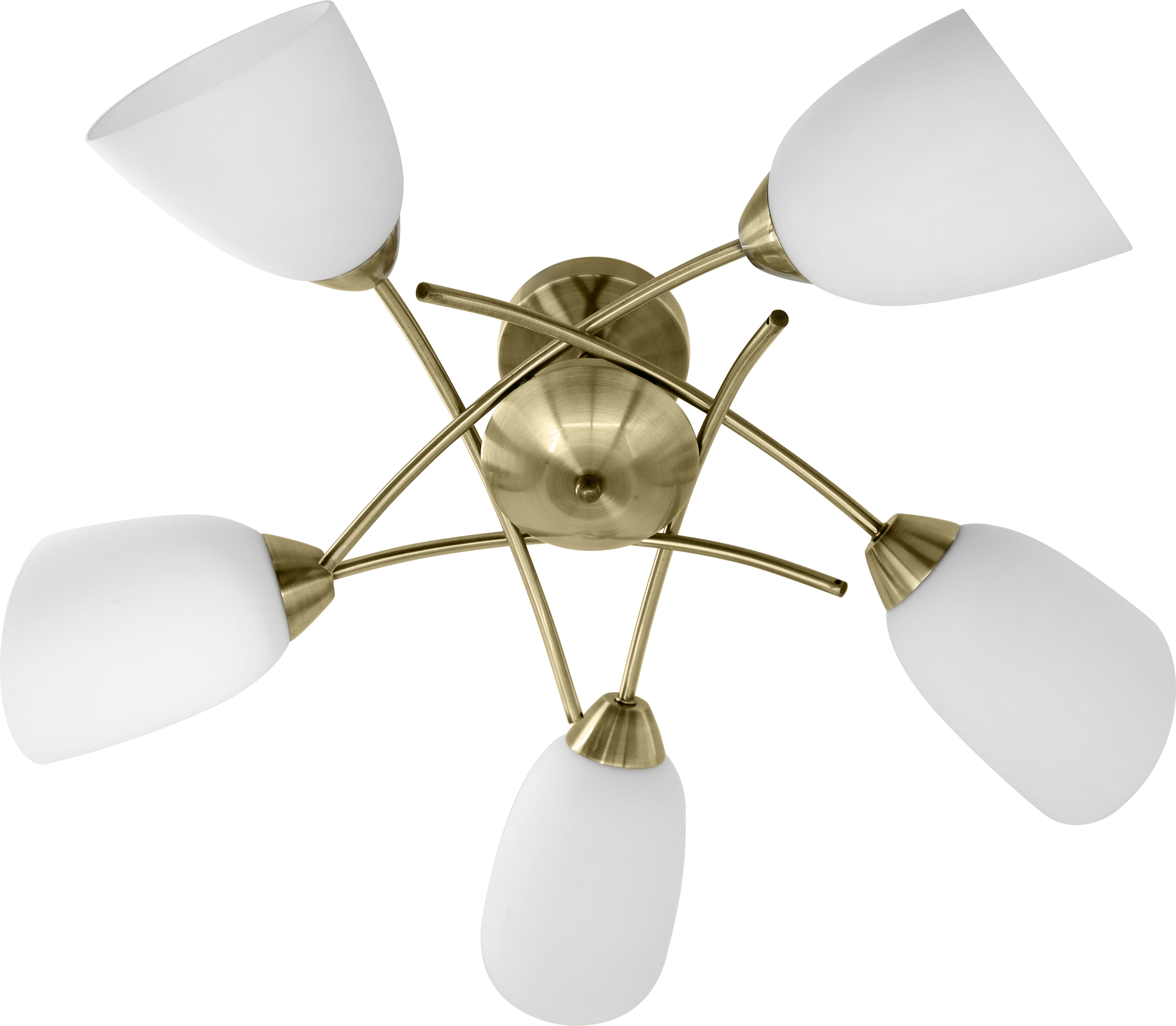 Lampada da soffitto con cinque paralumi in vetro bianco e bracci in ottone, su sfondo bianco.