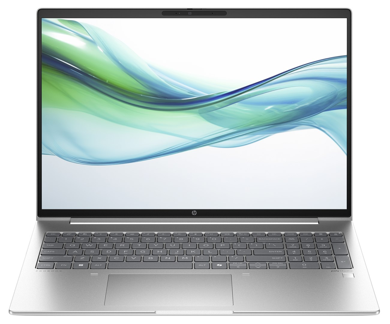 Otwarty srebrny laptop HP ProBook, ekran wyświetla abstrakcyjne niebieskie i zielone fale. Klawiatura widoczna, z logo HP poniżej.