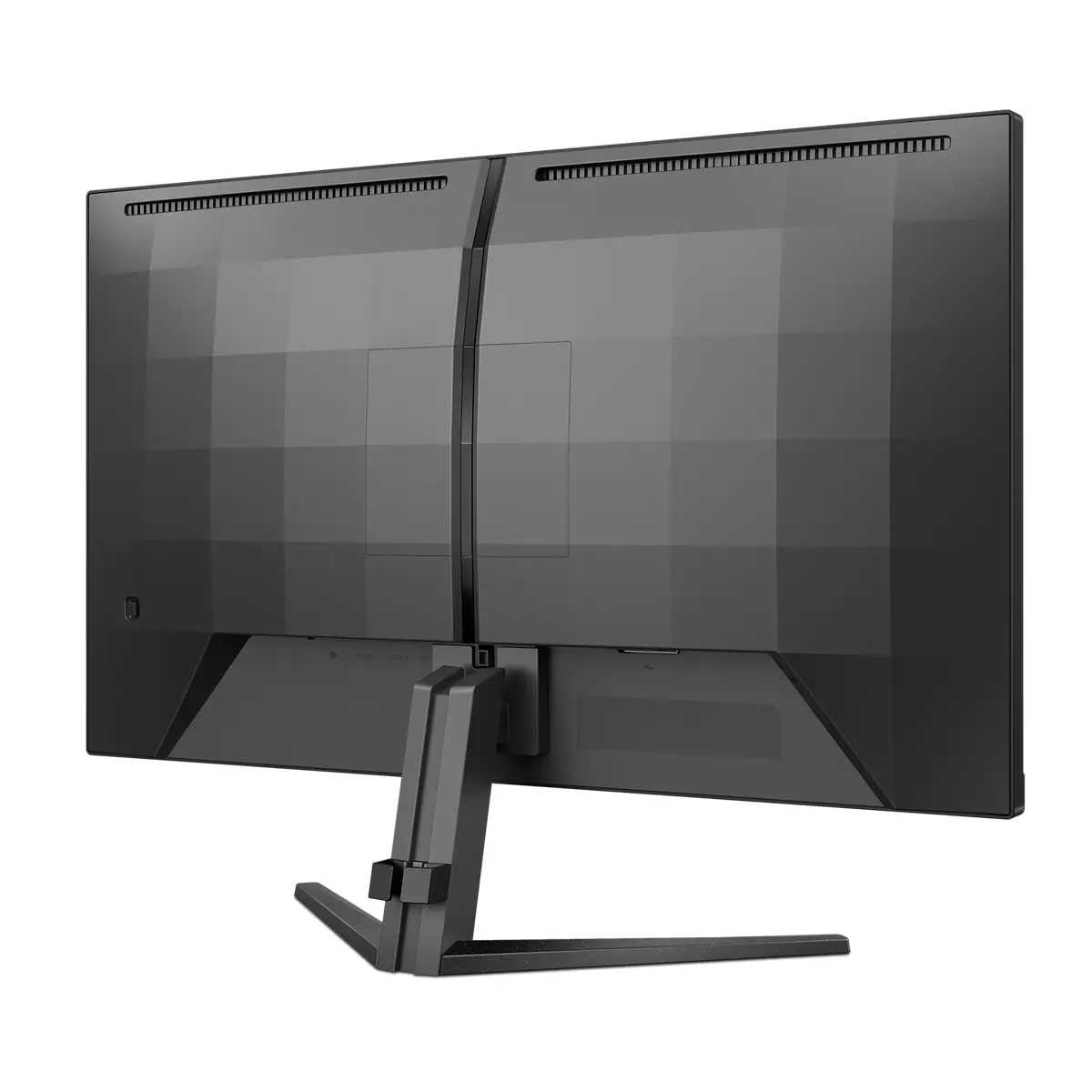 Widok z tyłu czarnego monitora komputerowego. Ma podstawkę i geometryczny design. Ekran jest podzielony na sekcje.