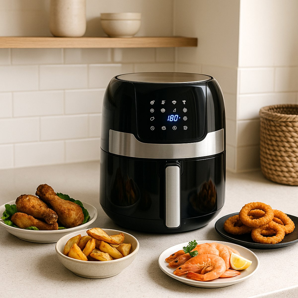 Een zwarte airfryer met diverse gekookte gerechten zoals kip, friet, uienringen en garnalen op borden. Keuken achtergrond.