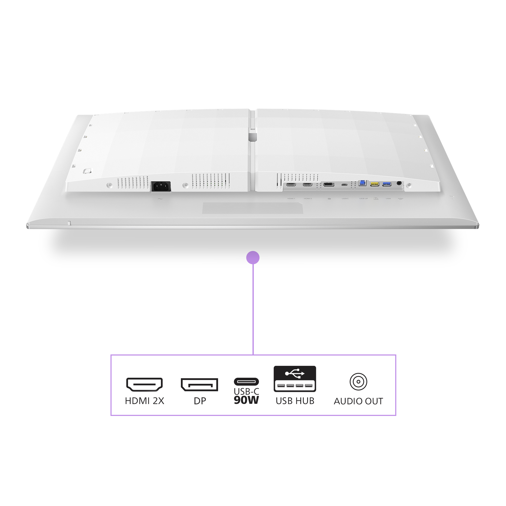 Widok z tyłu białego monitora z różnymi portami, w tym HDMI, DP, USB-C, hubem USB i wyjściem audio, na białym tle.