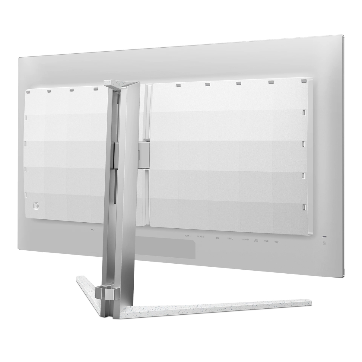 Widok z tyłu białego monitora komputerowego. Ma srebrną podstawę i biały tył w wzory. Porty są widoczne u dołu.