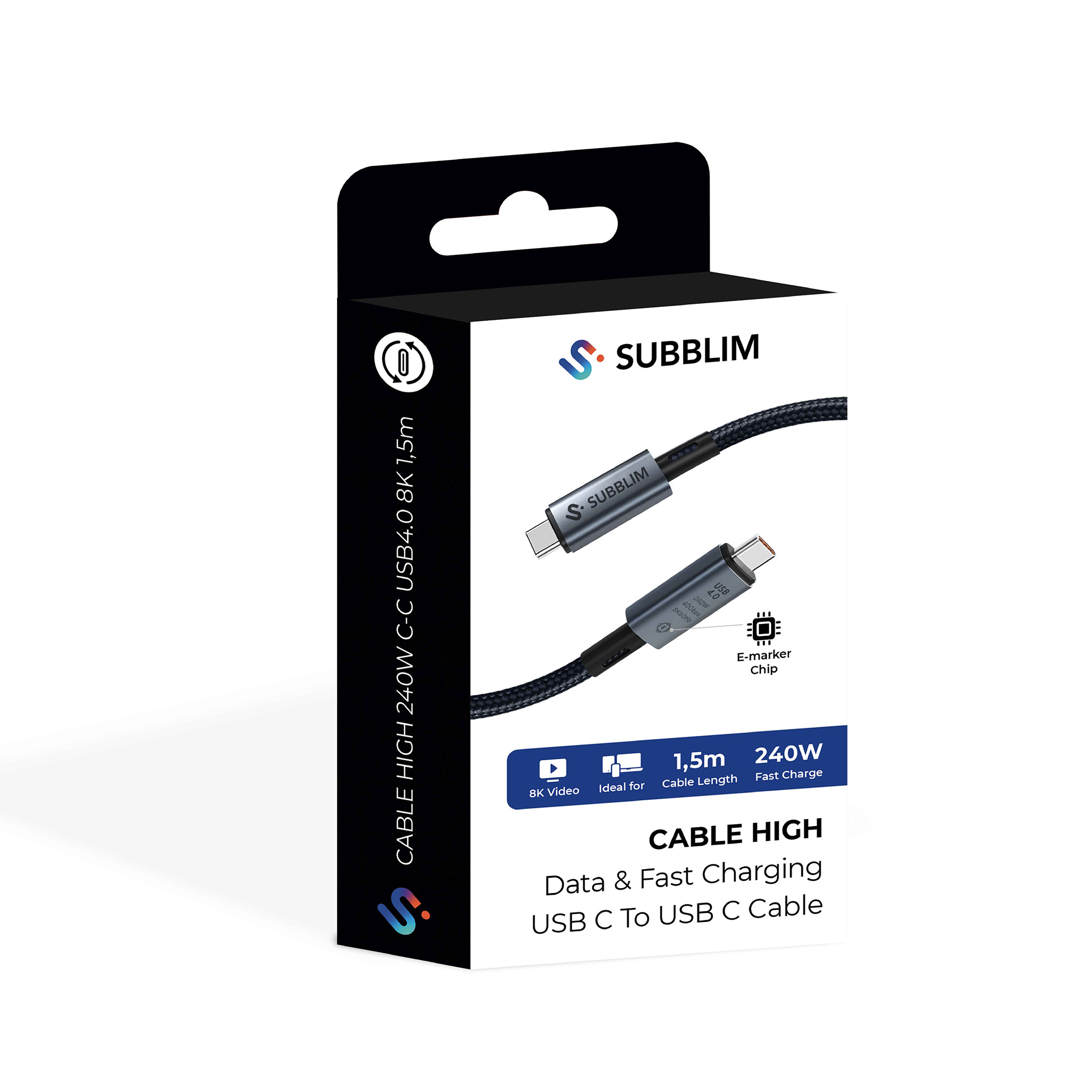 Produktbox zeigt ein USB-C-Kabel. Es ist schwarz und grau, mit der Marke SUBBLIM. Details: 1,5 m, 240 W, für 8K-Video.