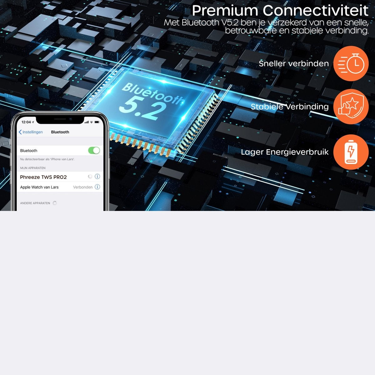 Image shows a phone screen with Bluetooth settings. The background shows a circuit board and text about Bluetooth 5.2 connectivity.