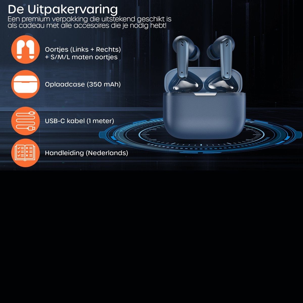 Image shows earbud set with charging case, USB-C cable, and manual. Text in Dutch details packaging and accessories.