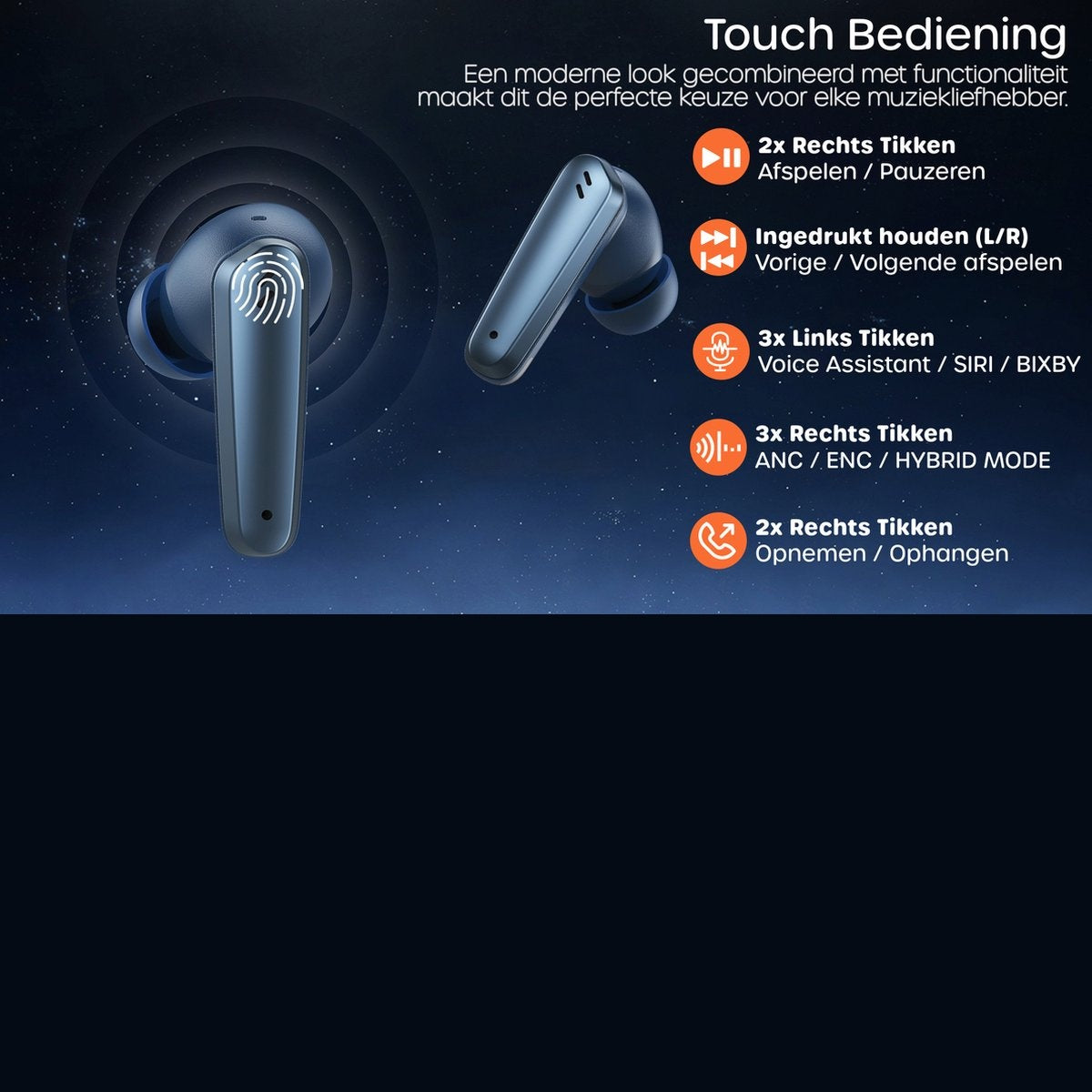 Image shows blue wireless earbuds with touch control features, and text describing the touch controls and their functions.