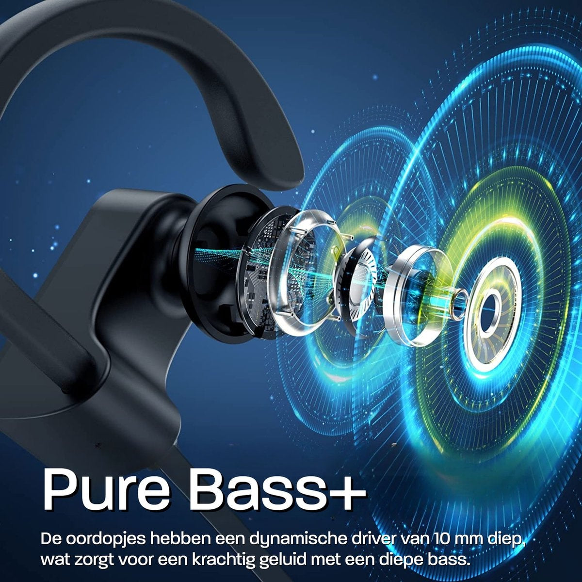 Black earphone with a detailed internal view, showing components. Text says 'Pure Bass+'.
