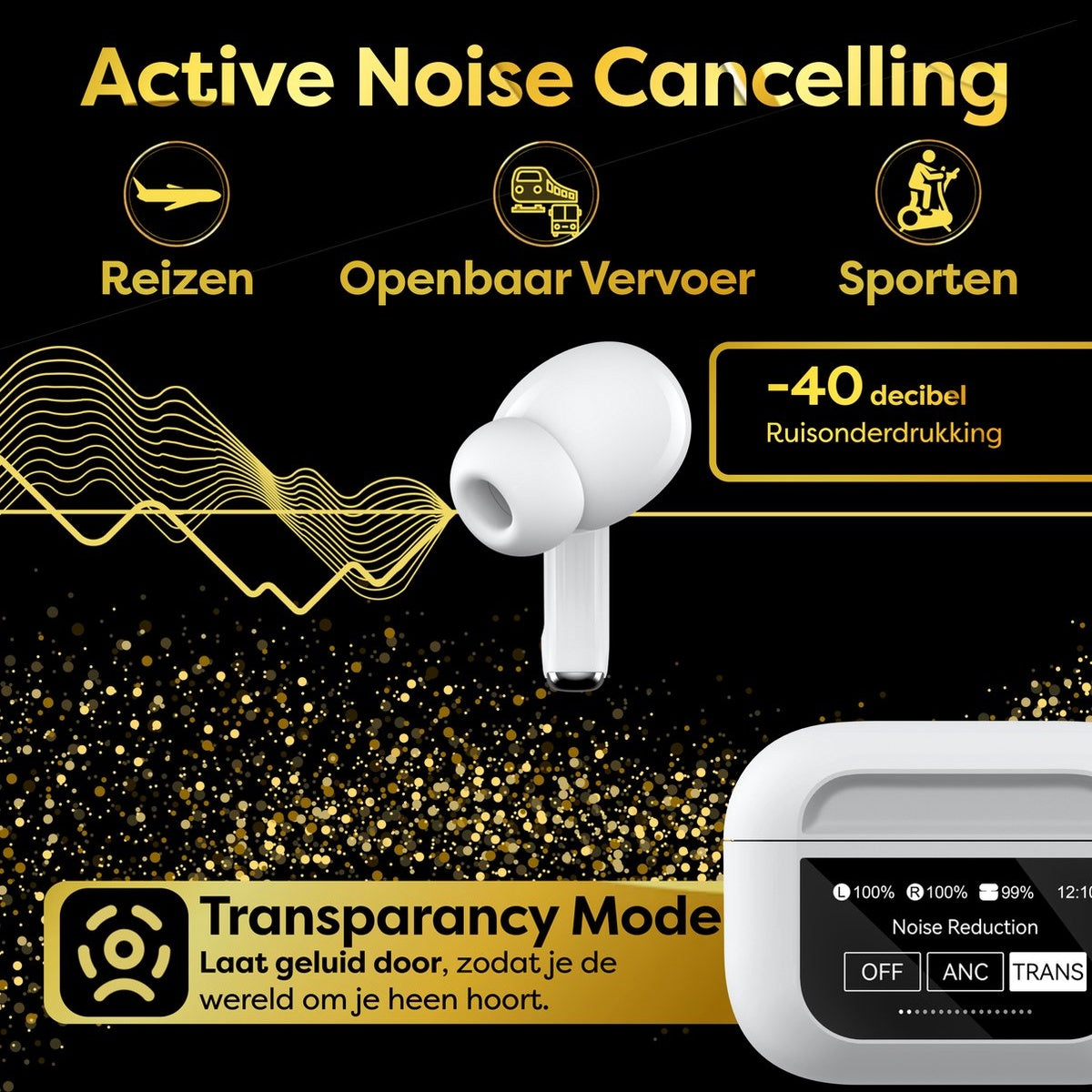 White earbuds with text about noise cancelling, modes, and icons for travel, public transport, and sports. Black background.