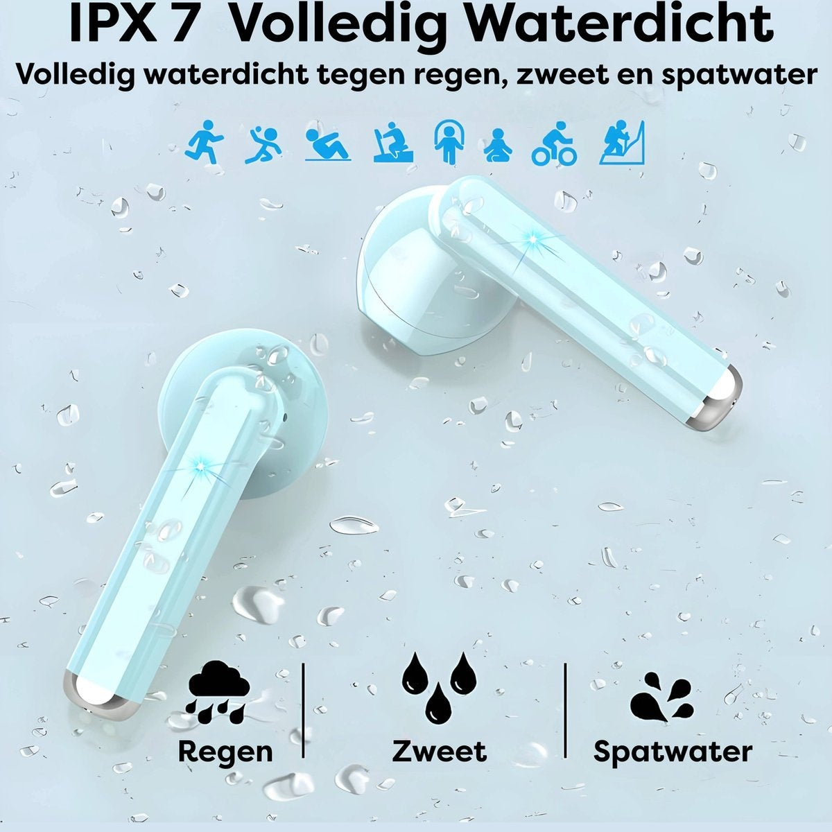 Twee blauwe draadloze oortelefoons met zilveren uiteinden. De afbeelding toont waterdruppels en pictogrammen die regen, zweet en spatwaterbescherming vertegenwoordigen.