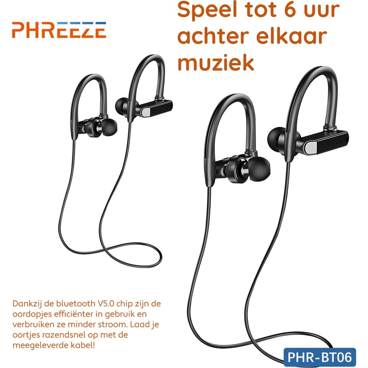 Image shows black Bluetooth earphones. Text promotes long playtime and efficient energy use. Includes brand logo and model number.