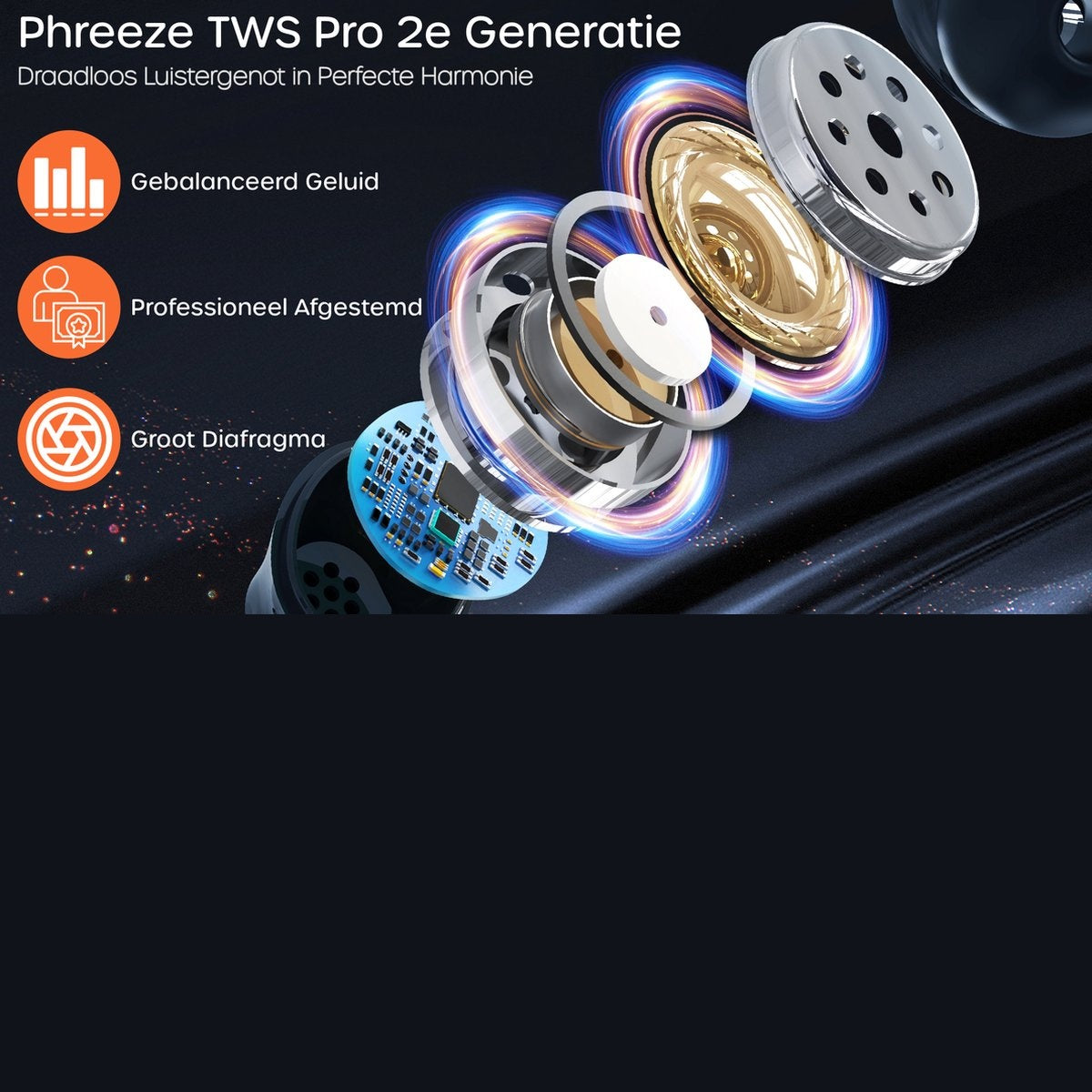 An exploded view of an earbud. Components include a speaker, circuit board, and metal casing. Text highlights features such as sound balance.