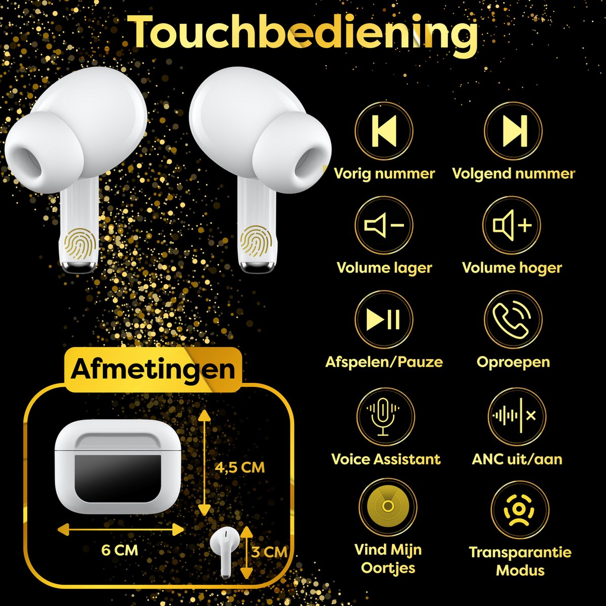 Image shows white earbuds, a charging case, and control icons on a black and gold background. Dimensions are also shown.