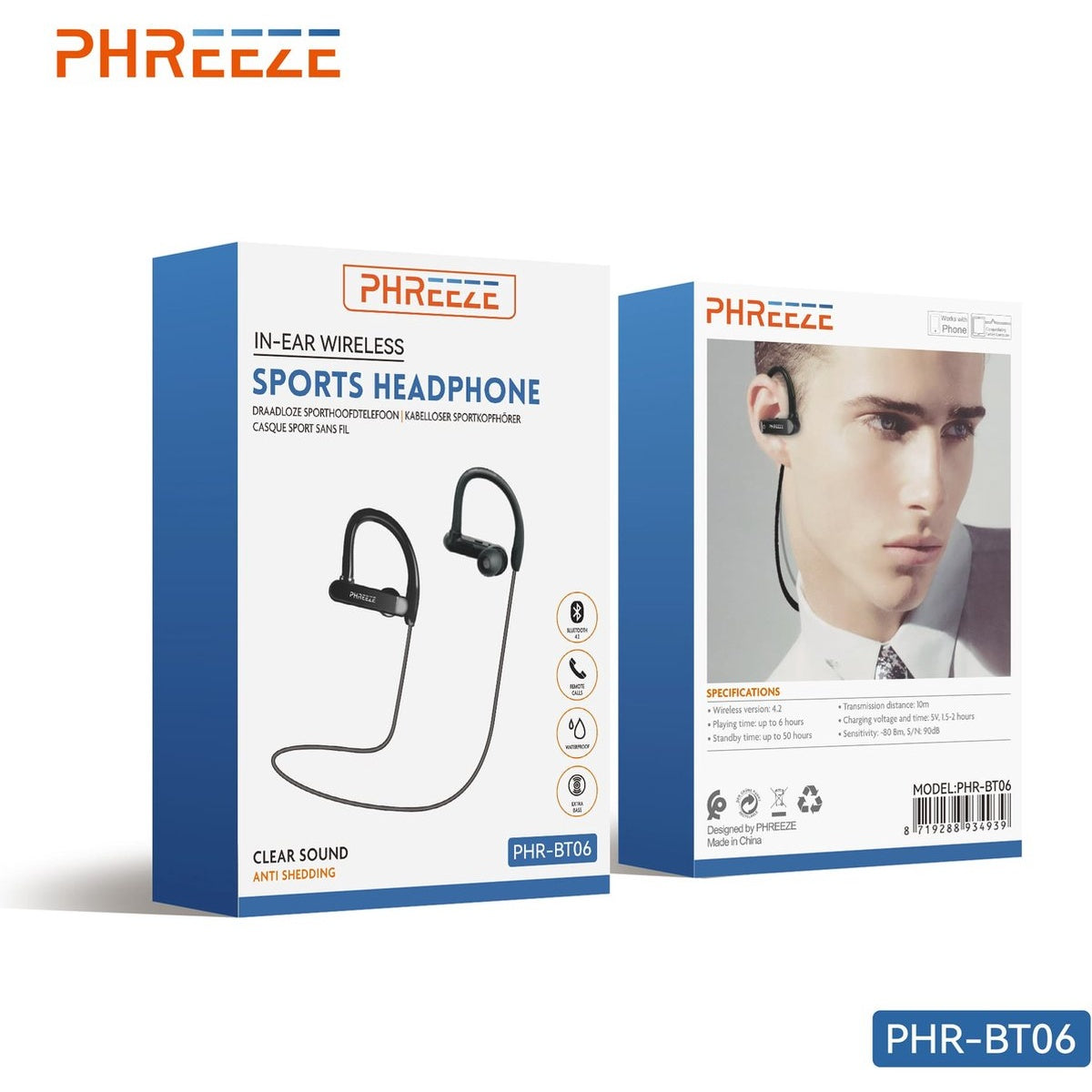 Box shows black in-ear wireless sports headphones, a man wearing them, and product specifications. The brand is PHREEZE.