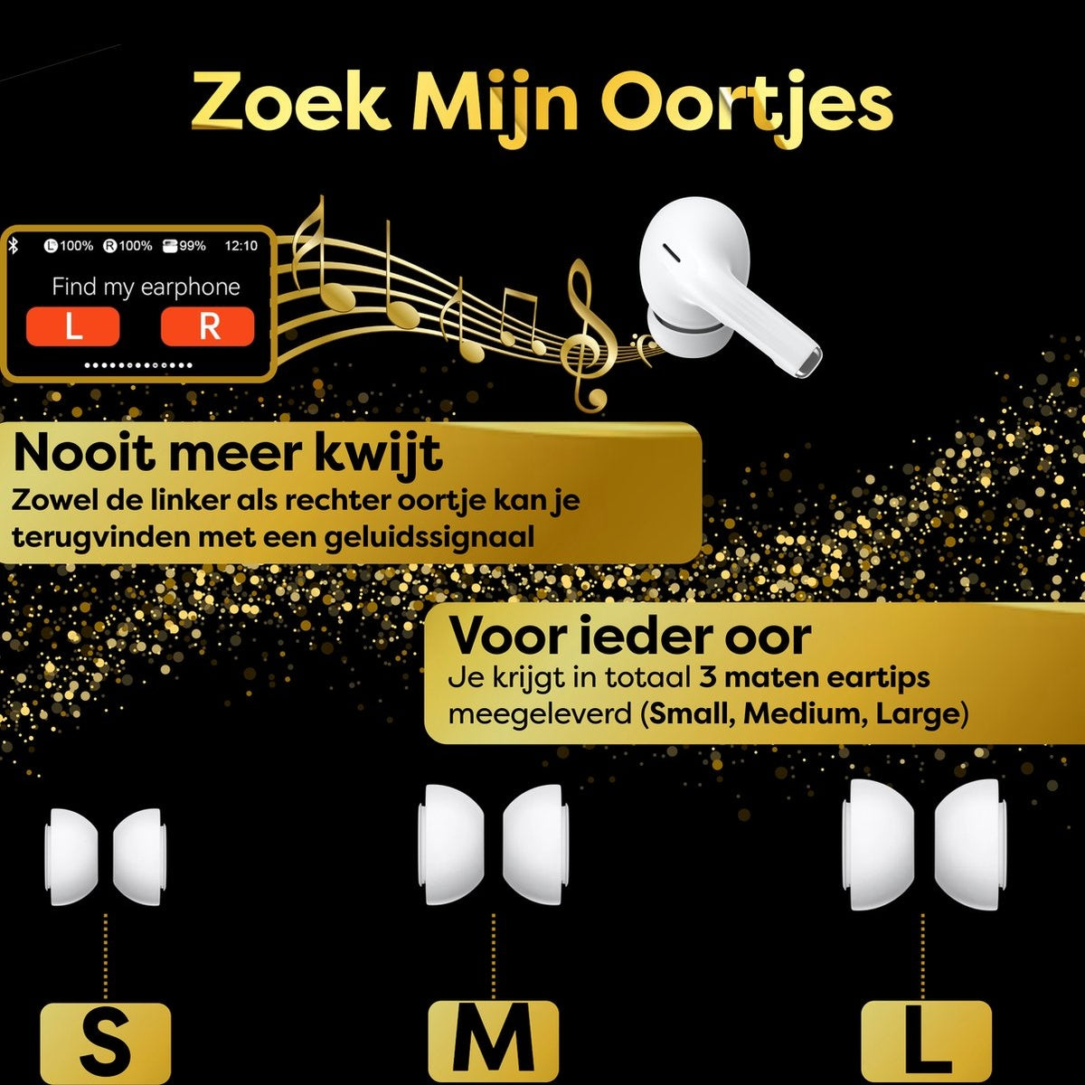 Image shows earbuds with text in Dutch. It highlights features like finding them via sound, and includes different eartip sizes (S, M, L).