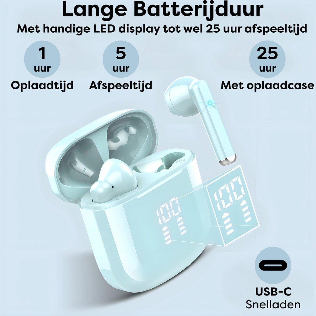 Een lichtblauwe draadloze oortjes set met oplaadcase. Tekst benadrukt batterijduur en USB-C opladen.