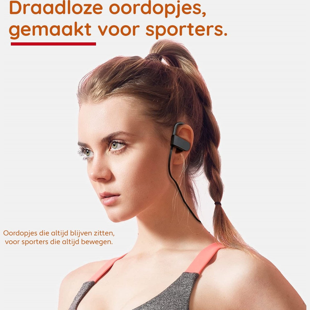 A woman wearing wireless earbuds, looking away. Text above says 'Wireless earbuds, made for athletes.' Supporting text below.