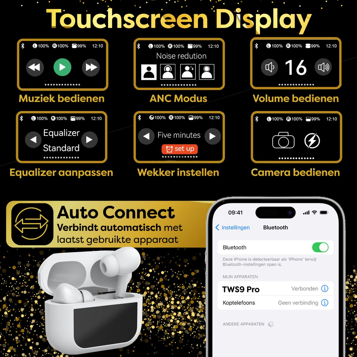 A touchscreen interface displays various settings for earbuds, including music controls, ANC mode, volume, and equalizer, alongside a phone with Bluetooth settings.