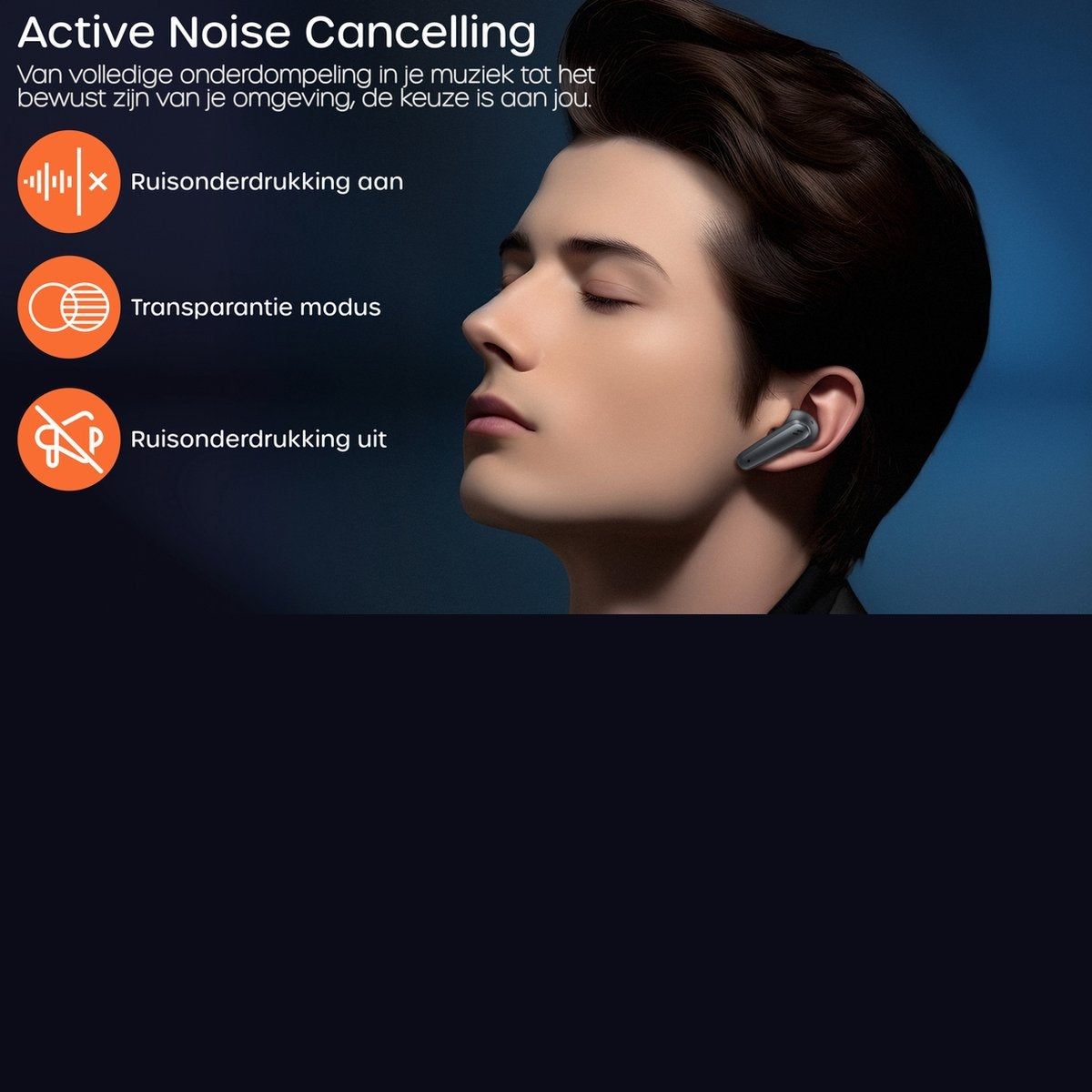 A man with earbuds. Text: Active Noise Cancelling, options: noise reduction on, transparency mode, noise reduction off. Dark blue background.