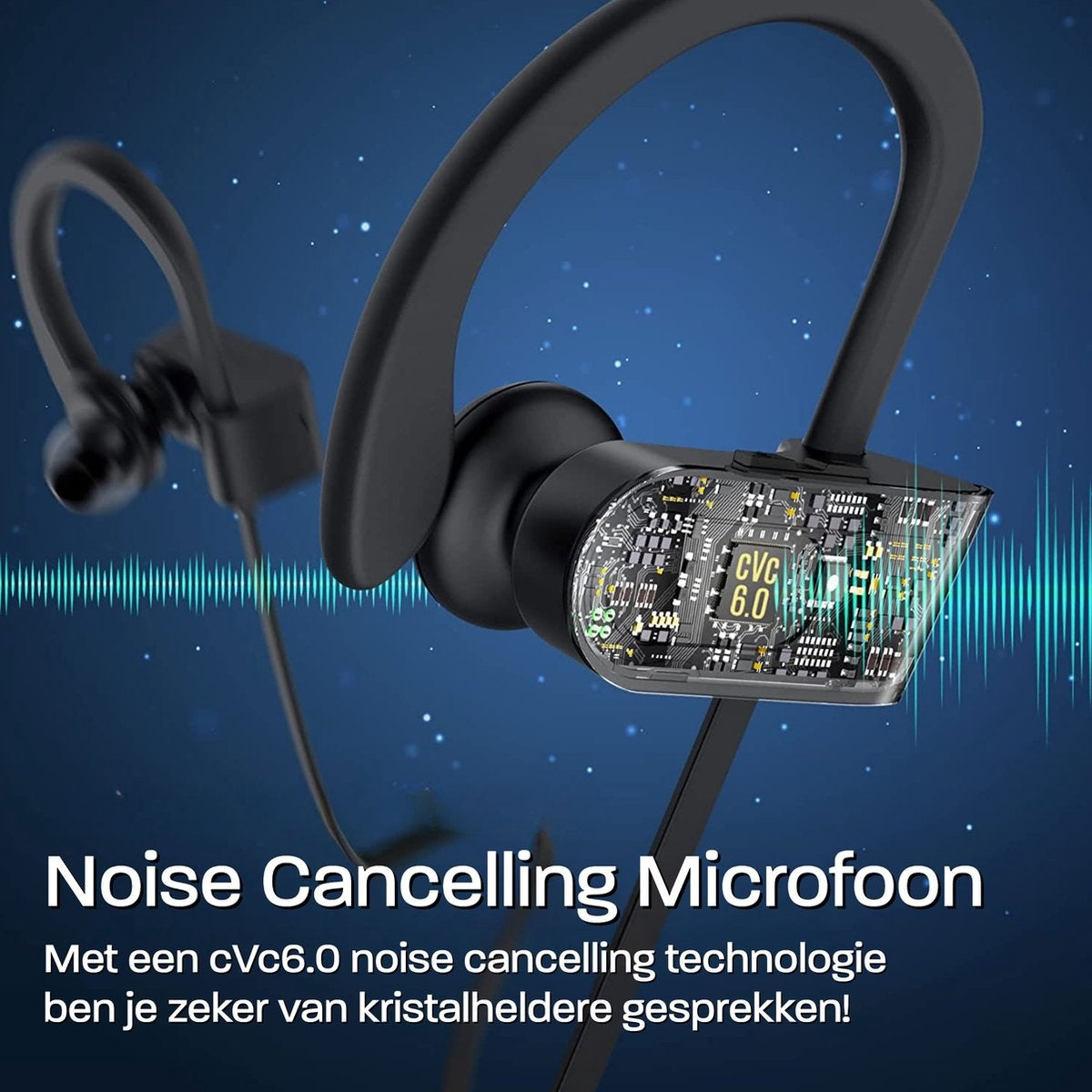 Black wireless headphones with noise-canceling feature. The design has a clear view of the internal circuits. Text reads 'Noise Cancelling Microfoon'.