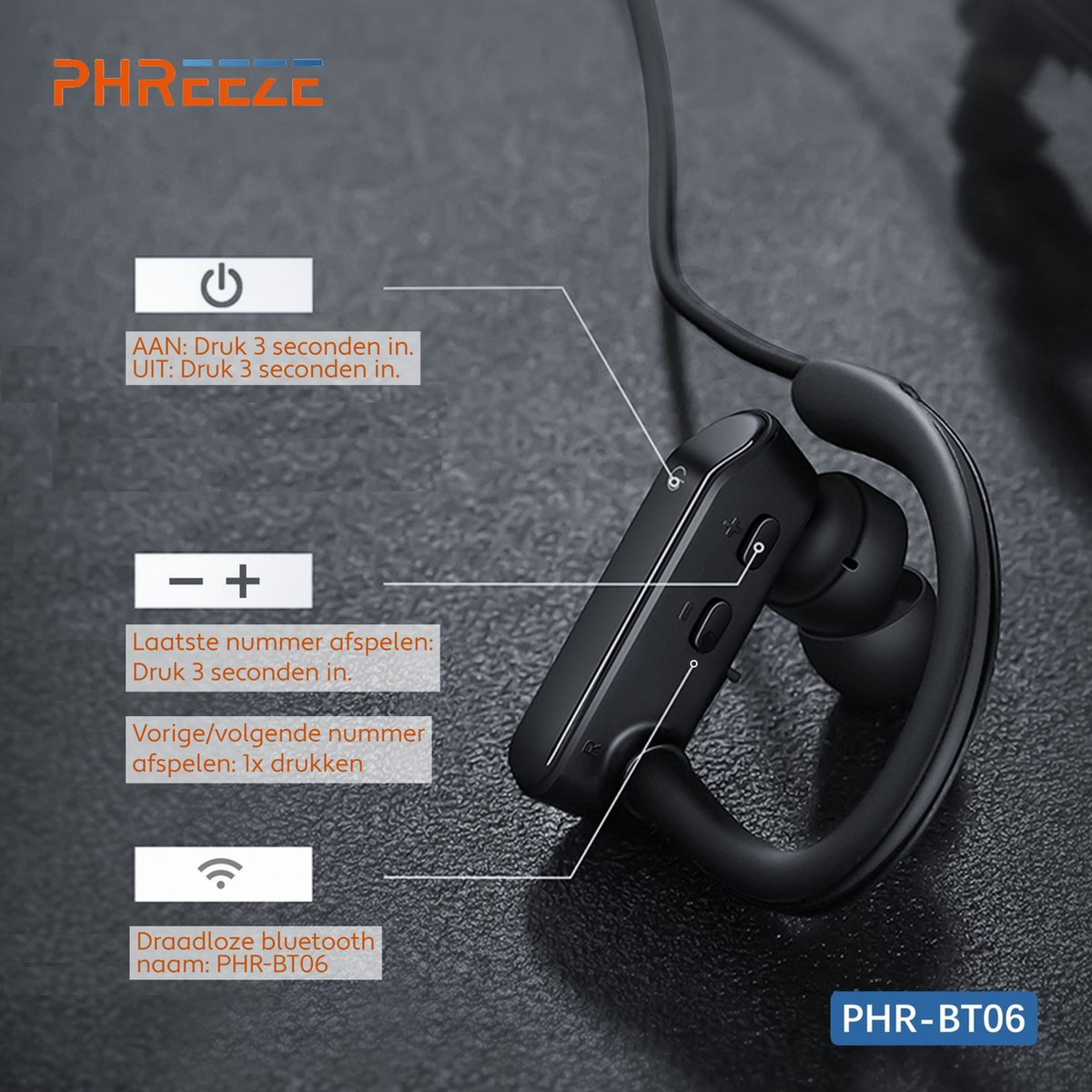 Black wireless earphone with buttons, instructions, and brand name. Text details functions. Background is a dark surface.