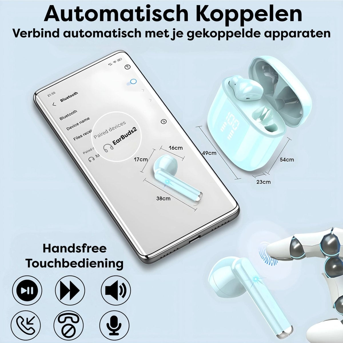 Een telefoon toont Bluetooth-instellingen met verbonden EarBuds2. Een oplaadcase en een oortelefoon liggen naast de telefoon.