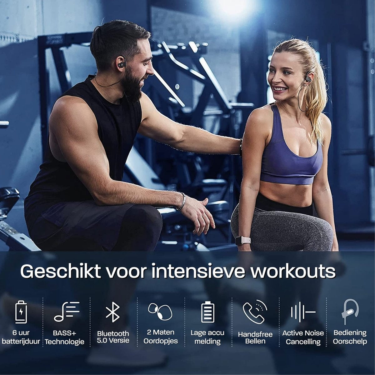 A man and woman in workout clothes wearing earbuds. Text at the bottom says 'Suitable for intensive workouts' and has icons.