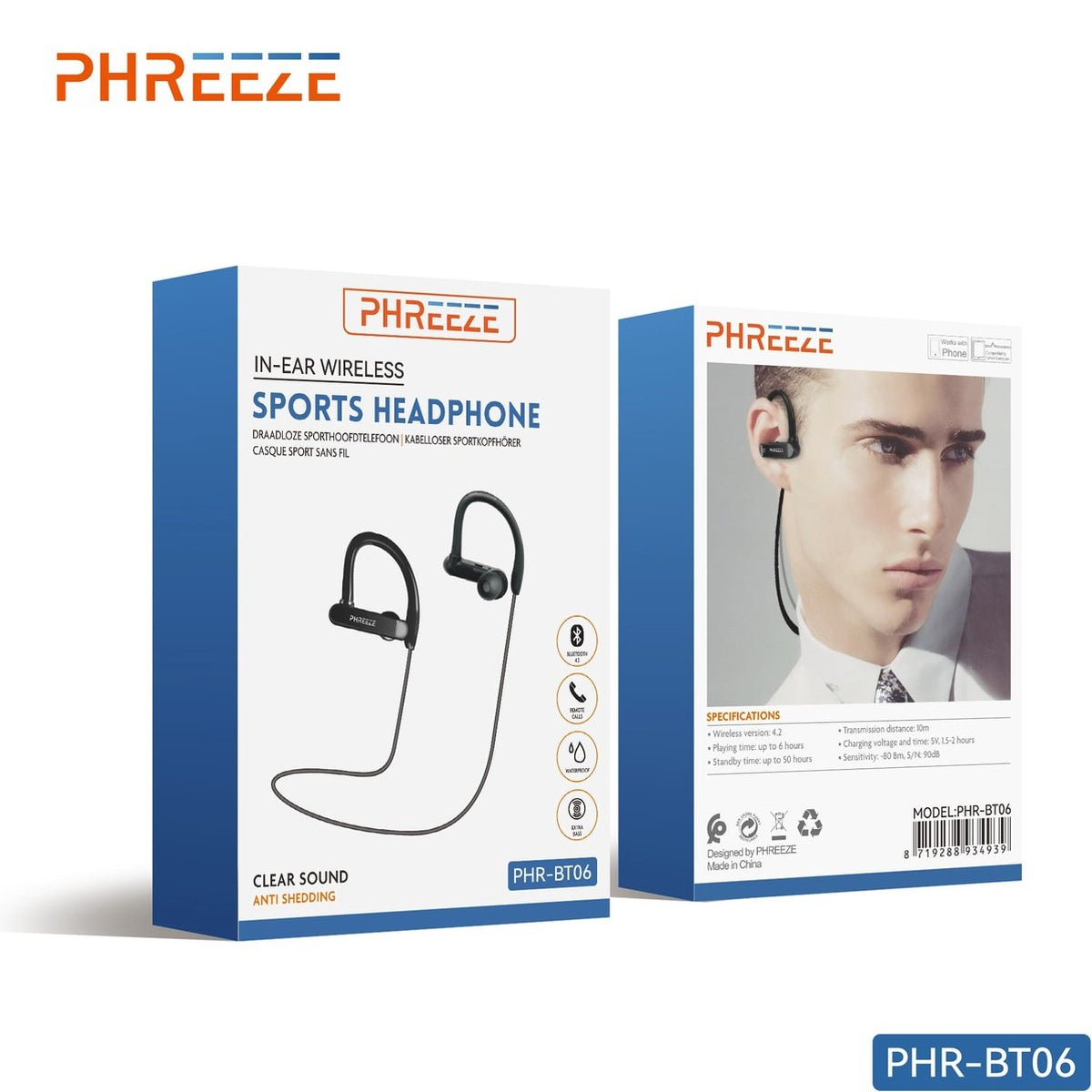 Product shot of PHREEZE sports headphones packaging, a man wearing the headphones, and specifications. Black headphones on white background.