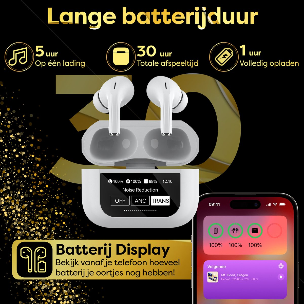 White earbuds in a charging case with battery info. A phone displays battery levels. Text says 'long battery life'.