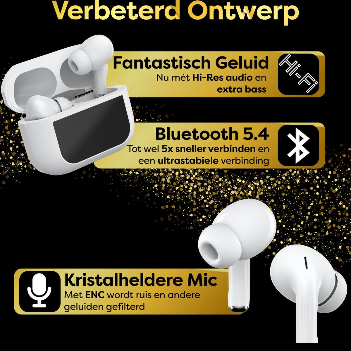 White wireless earbuds with a case. Text describes features: Hi-Res audio, Bluetooth 5.4, clear mic with noise cancellation.